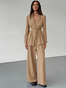 Aloruh Conjunto elegante de chaqueta de manga larga cruzada y pantalones de unicolor, ropa de otoño e invierno para mujer