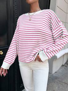 EURMUSE Striped Pattern Drop Shoulder Sweater - Hot Pink - View 5