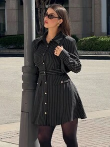 Siren Gaze 女式休闲通勤条纹前扣迷你连衣裙，秋季 - 彩色 - 查看 3
