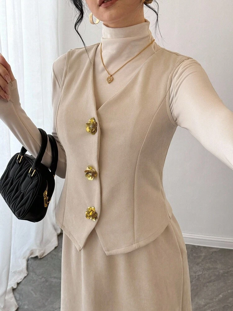 Women's Casual Solid Color Sleeveless Top And Skirt 2 Pieces Set, Autumn