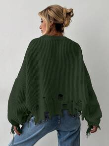 EURMUSE Women's Casual Solid Color Distressed Drop Shoulder Oversized Sweater, Autumn/Winter - Army Green - View 2