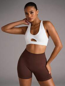 SHEIN BAE Women's Solid Color Hollow Simple Fitted Casual Sports Bra - White - View 8