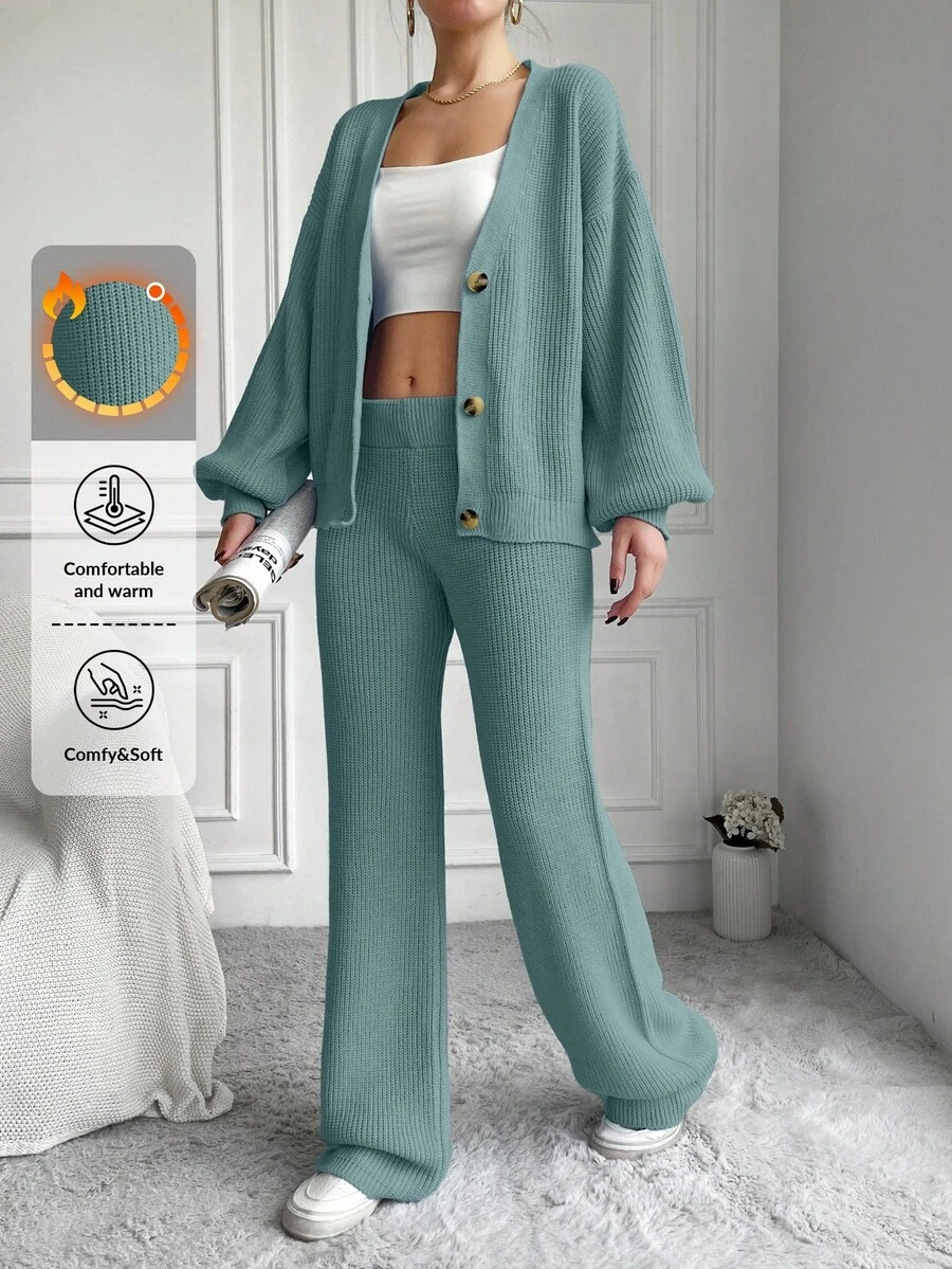 EURMUSE 2件套女士纯色纽扣开衫和针织裤 - 薄荷藍 - 查看 1