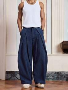 SWAVVY Men's Solid Color Pleated Pocket Wide Leg Loose Casual Corduroy Long Pants, Fall Winter