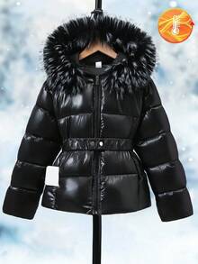 SHEIN 1 件女童连帽人造毛领收腰加厚外套，百搭秋冬装 - 黑色 - 查看 4