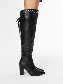 ROMWE Grunge Punk Women's High Heel Boots, Versatile Elegant Pointed Toe Fashion PU Thick Heel Boots, Autumn/Winter - Black - View 4