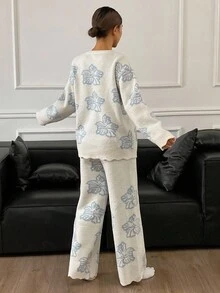DAZY 2 件套花卉针织宽松长袖上衣和长裤睡衣套装女士秋冬秋季服装 - 米色 - 查看 2
