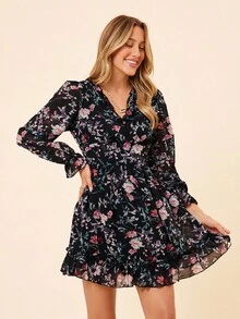 Coeurva Floral Print Flounce Sleeve Ruffle Hem Dress Women Holiday Dressfloral Print Dressfloral Dress - Black - View 1