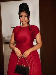 Maweii Mawei New Year Plus Size Elegant Solid Color Pleated Round Neck Sleeveless Dress - Burgundy - View 6