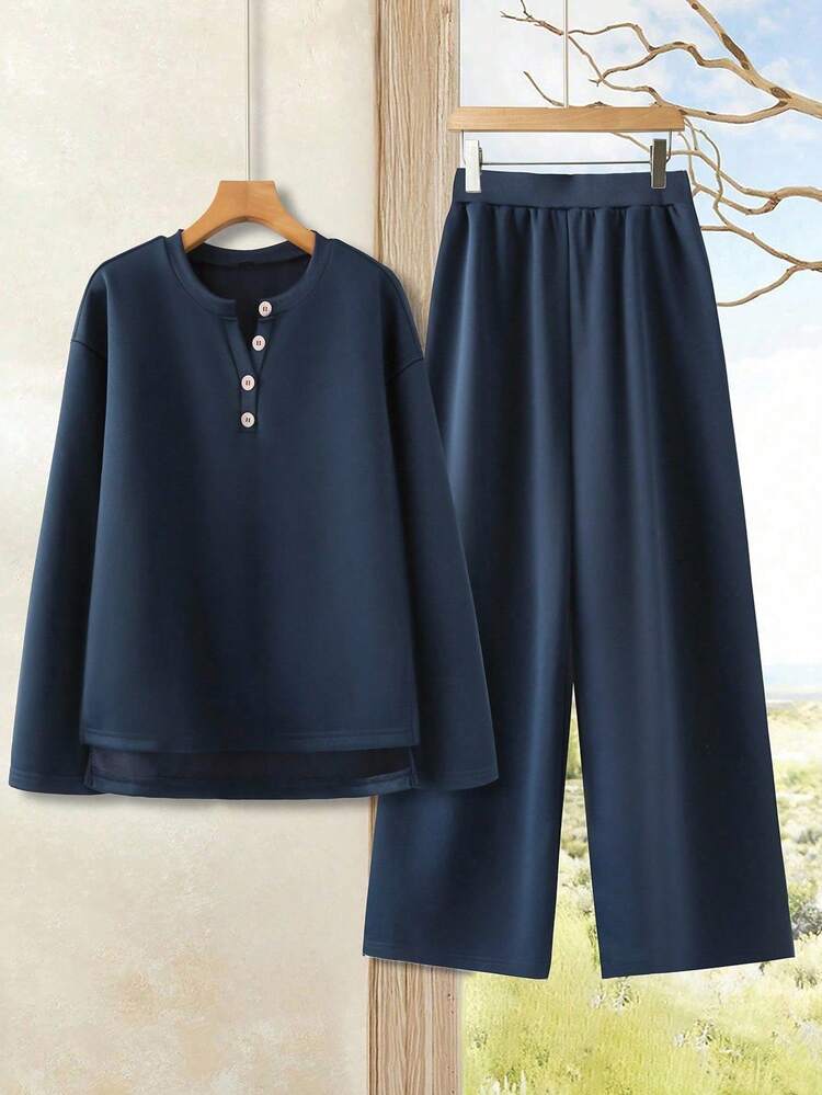 Conjunto de top de punto abotonado de unicolor casual y pantalones de punto holgados