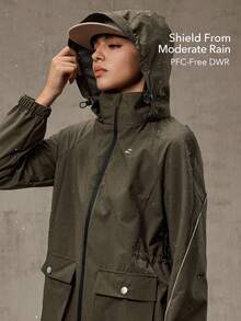 OutZeal 女士防水可拆卸帽拉链口袋抽绳腰带长款户外外套，适合秋冬季徒步露营 - 軍綠色 - 查看 2