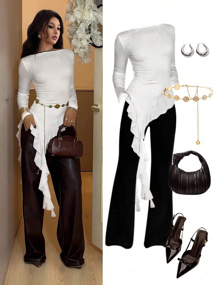 Islaluna Blusa de manga larga con cuello redondo elegante de punto, con adornos de strass y volante asimétrico en el bajo para mujer