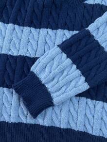 SHEIN 女童条纹拼色麻花针织 V 领灯笼袖超大套头衫，适合秋冬外出 - 藍色 - 查看 5