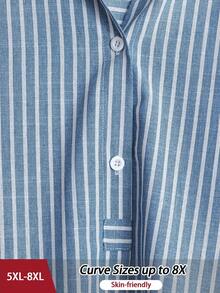 SHEIN CURVE+ 大码女式休闲经典法式复古条纹衬衫，时尚都市女性别致设计，百搭搭配衬衫、夹克，四季皆宜 - 藍白色 - 查看 5