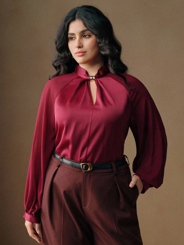 Women's New Arrival Plus Size Burgundy Satin Blouse