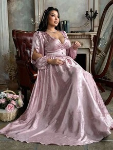 Lyrianda Plus Size Women's V-Neck Waist Cinched Long Sleeve Flowing Satin Textured Elegant Vintage Casual Cocktail Party Dress