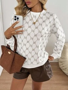 Easowa Women's Geometric & Letter Print Knit Pullover T-Shirt, Casual Loose Elegant Commuter Vintage Style Long Sleeve Top White Blouse White Sweater White Long Sleeve Top White Knit Top Autumn Winter Clothes For Women