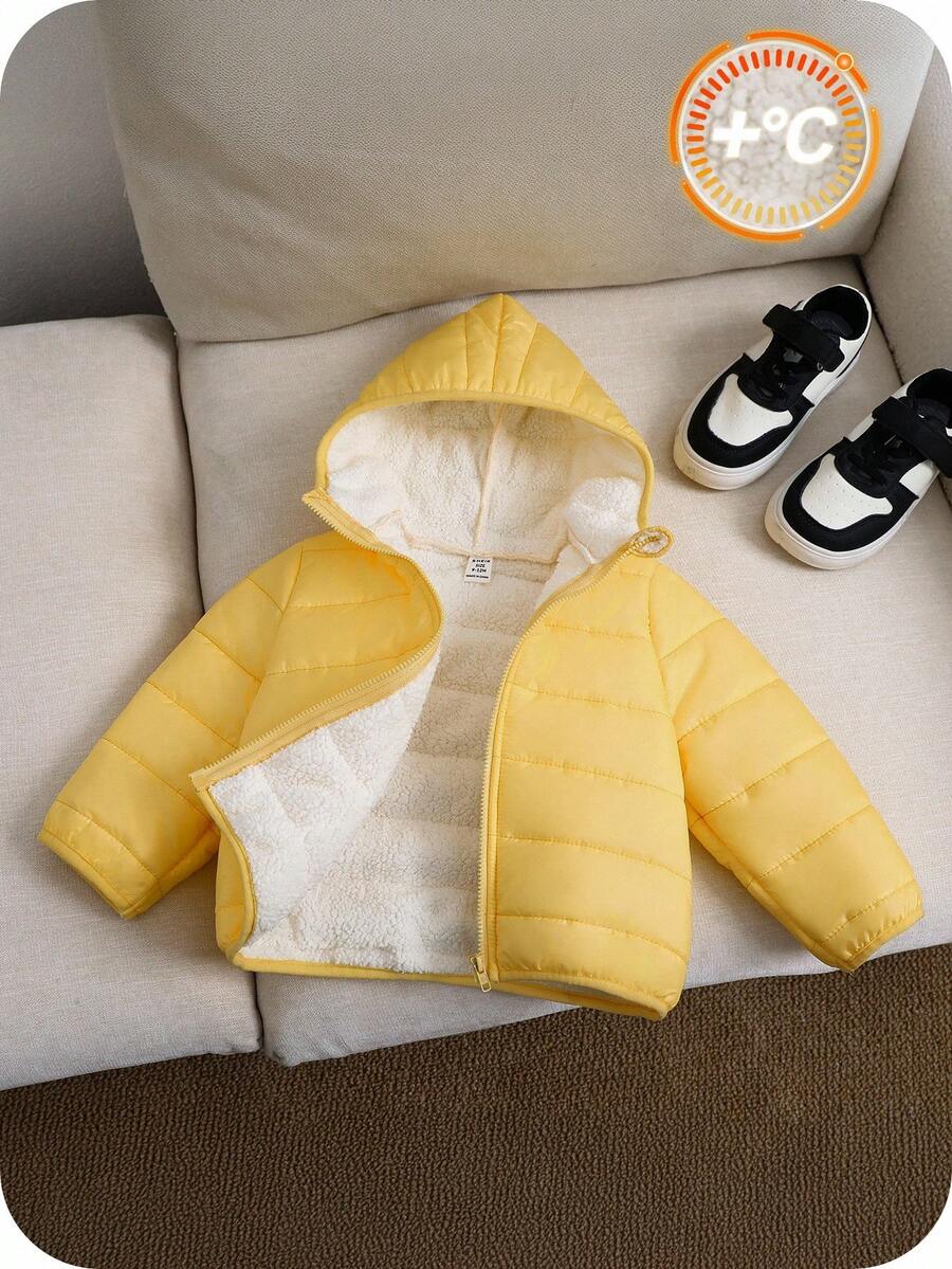 SHEIN 男婴黑色冬季保暖连帽拉链羽绒服,休闲百搭,柔软舒适,适合雪地玩耍 - 黃色 - 查看 1