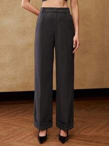 MOTF PREMIUM 秋冬压褶卷边直筒裤 - 深灰色 - 查看 3