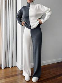 EURMUSE Colorblock Beige Sweater And Pant 2 Pcs Knitwear Set Casual Simple - Dark Grey - View 7