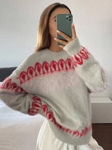 DAZY Women's Ombre Jacquard Loose Fit Crew Neck Long Sleeve Elegant Knit Sweater, Autumn/Winter