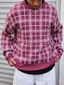 Manfinity Roghcode Suéter Casual Masculino de Gola Careca de Manga Longa Solta em Tricô Xadrez, Outono/Inverno - Pink - Visão 3