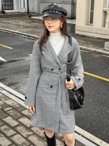 SHEIN Teen GirlWomen's Casual British Style Grey Plaid Double-Breasted Long Trench Coat, Suitable For Commuting And Daily Wear - Grey - View 4
