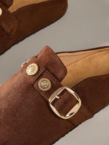 Solecia Women's Flat Slip-On Loafers, Casual Suede Shoes, Fashion Versatile Comfortable, Brown With Metal Buckle, Autumn/Winter - Brown - View 5