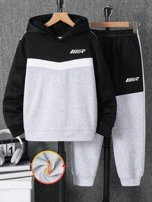 SHEIN 2件組青少年男孩童裝套裝，男孩連帽衛衣與運動長褲，拼接設計衛衣，冬季長褲，黑白配色，秋季，街頭風，校園，返校季 - 灰色 - 查看 3