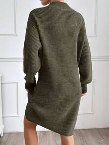 EURMUSE Women Plain Knit Design Knit Dress With Zipper Detail - Army Green - View 5