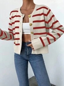 EURMUSE Women Button Round Neck Long Sleeve Striped Design Everyday Casual Cardigan - Merah - View 4