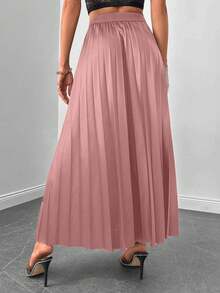Women's Solid Color Elastic Waist Pleated Long Casual Skirt