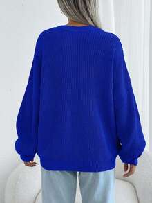 Women Solid Color Round Neck Drop Shoulder Chunky Pullover - Royal Blue - View 2