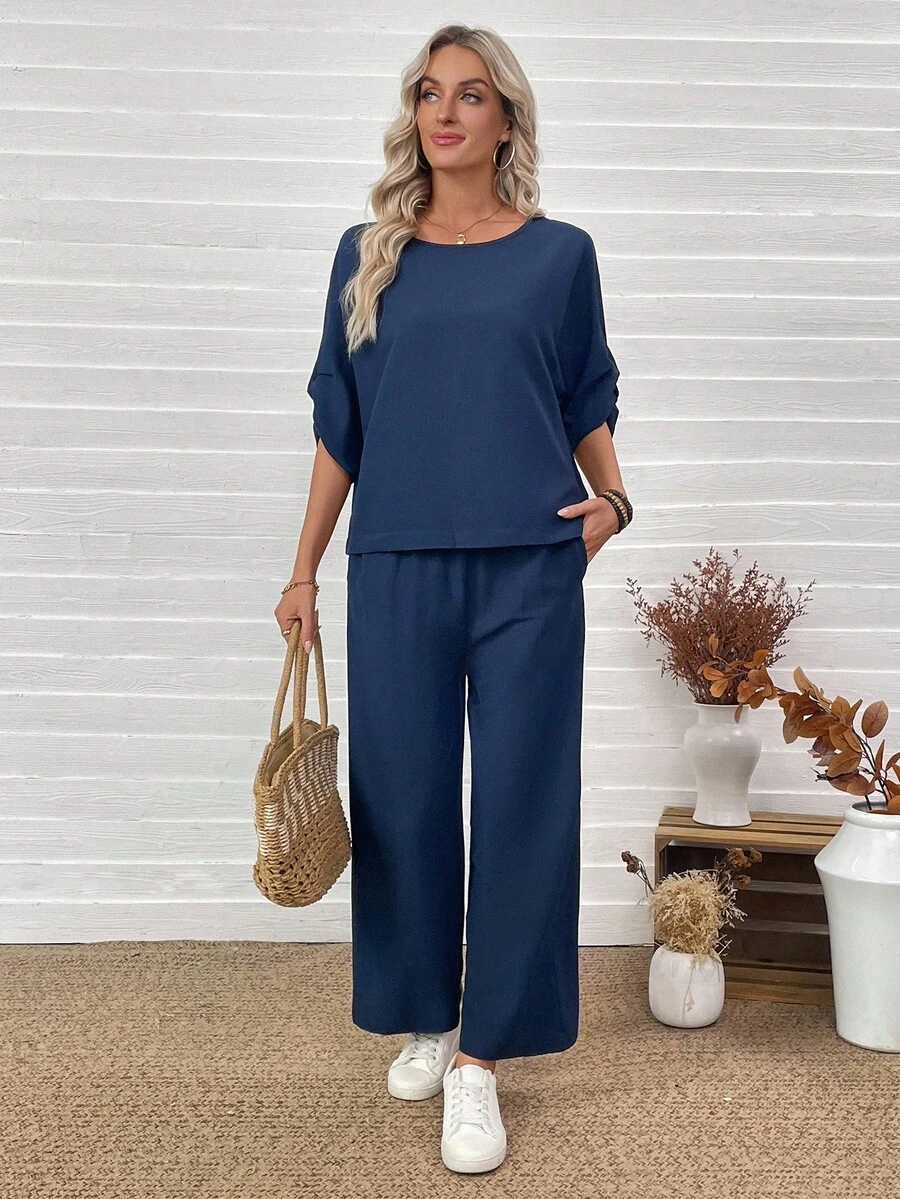 EMERY ROSE 2 Pieces Set Women's Solid Color Round Neck Pleated 3/4 Sleeve Loose Shirt And Pants Casual 2 Pieces Set Two Pieces Set Women Two Pieces Casual Set Blouse And Pants Set Comfortable Two Pieces Set 2 Pieces Set Fall Clothes For Women