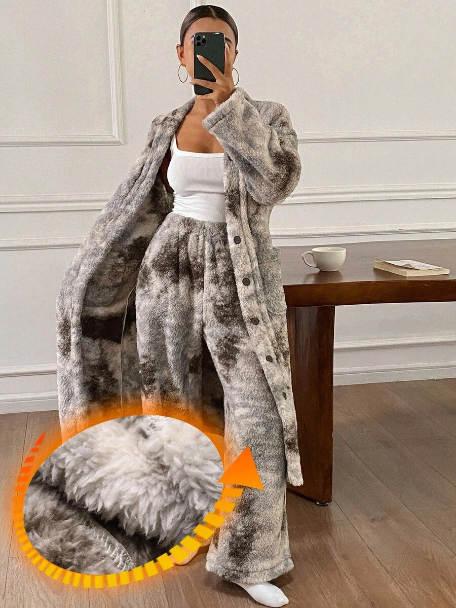 DAZY 女士扎染印花加厚抓绒睡袍裤套装，冬季长款睡衣，舒适保暖，秋季服装，蓬松柔软 - 卡其色 - 查看 1