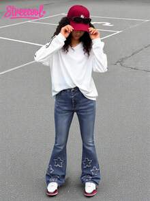 Tween Girl Denim Flare Jeans,High-Waisted Blue Flare Leg Pants With Embroidered Star Pattern,Casual Streetwear For School,Summer Campus Wear,Stretch - Dark Wash - View 9