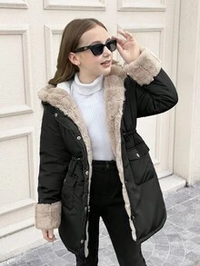 SHEIN 青少年女孩休闲棉衣，带保暖衬里，撞色蓬松装饰兜帽，腰部抽绳，口袋，中长款，黑色，适合秋冬季 - 黑色 - 查看 11