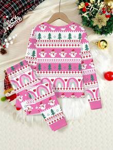 女童粉色圣诞雪人和圣诞树彩虹印花针织弹力面料舒适柔软圆领长袖上衣和紧身裤两件套睡衣套装 - 彩色 - 查看 2