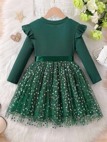 SHEIN Glamorique Kids 小女孩长袖针织薄纱星星网眼公主裙 - 綠色 - 查看 2