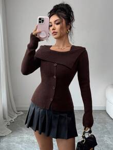 SHEIN Elenzya 女式方领斗篷式毛衣 - 棕色 - 查看 6