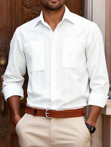 Manfinity Bizformal Men's White Casual Long Sleeve Shirt,Autumn Vacation Solid Textured Dress Shirt With Dual Pockets,Simple Elegant Business Commute Striped Shirt - White - View 4