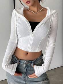 DAZY Women's Solid Color Front Zipper Drawstring Minimalist Hooded See-Through Casual Top Y2k Women Jacket,Fall Women Clothes - White - View 4