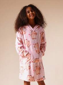 SUMWON Older Girls Plush Fleece Hooded Sleep Dress Nightgown Teddy Bear Pattern Lounge-Wear Winter Pajamas Snug Sleepwear Soft Warm Bedtime Dress With Pockets And Hoodie,,Kids Pajamas - Baby Pink - View 1