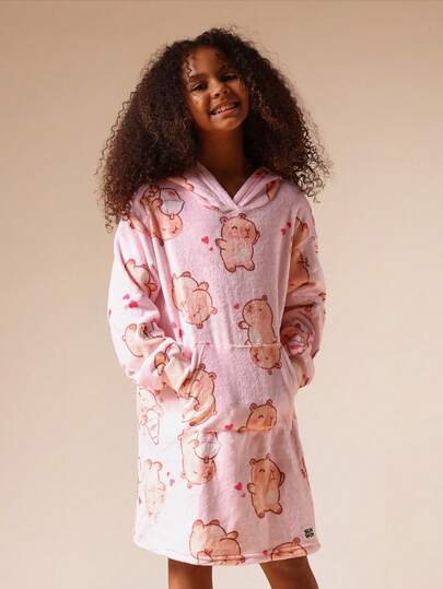 SUMWON Older Girls Plush Fleece Hooded Sleep Dress Nightgown Teddy Bear Pattern Lounge-Wear Winter Pajamas Snug Sleepwear Soft Warm Bedtime Dress With Pockets And Hoodie,,Kids Pajamas