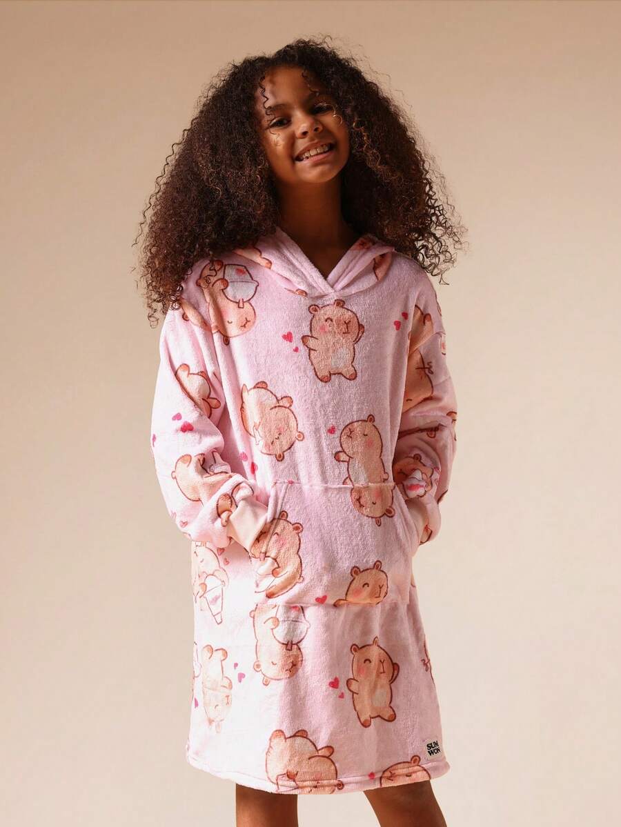 SUMWON Older Girls Plush Fleece Hooded Sleep Dress Nightgown Teddy Bear Pattern Lounge-Wear Winter Pajamas Snug Sleepwear Soft Warm Bedtime Dress With Pockets And Hoodie,,Kids Pajamas - Baby Pink - View 1