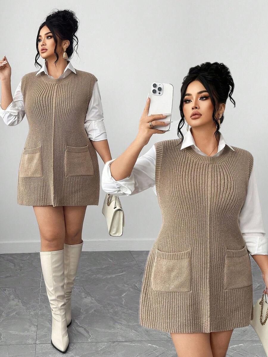 Elenzga Plus Size Women Loose Knit Crew Neck Casual Sleeveless Sweater Vest With Large Pockets, Solid Color, Autumn/Winter - Khaki - View 1