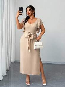 Elenzga 大码女式优雅浪漫V领荷叶边袖收腰连衣裙，春秋季 - 杏色 - 查看 1