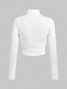 SHEIN EZwear 两件装女士休闲无缝紧身高领长袖T恤，适合秋冬季节穿着，可叠穿，95%棉 - 彩色 - 查看 4