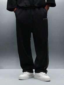 PLAYBOY X SUMWON Casual Wide Leg Sweatpants With Contrast Piping Relaxed Fit Comfortable Loungewear Fall Winter Drawstring Elastic Waist For Everyday Wear - Black - View 3