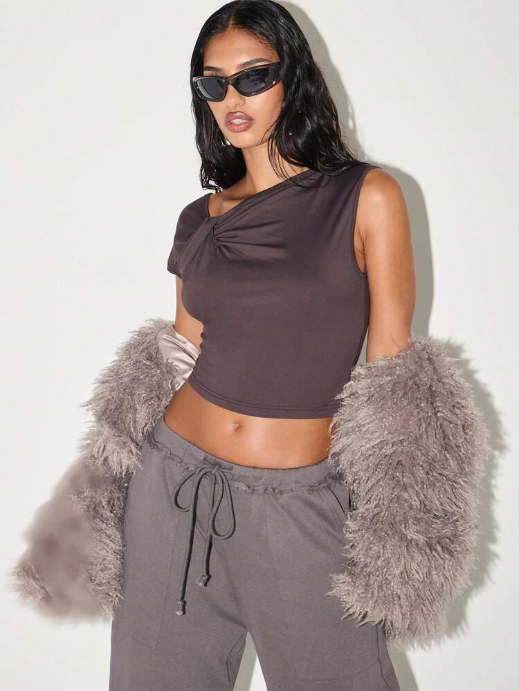 KIZN Asymmetric One Sleeve Crop Top With Ruched Twist Detail